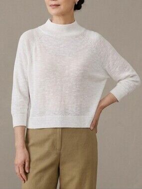 Eileen Fisher Organic Cotton Linen Blend White Hight Neck Sweater Size XL Eco